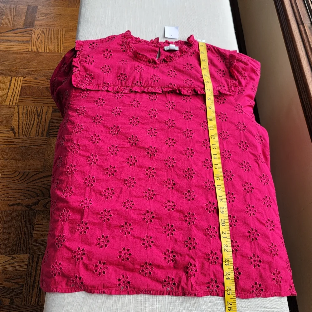 New! J.Crew sz Large L Ruffleneck Eyelet-Yoke Top in Berry Red NWT